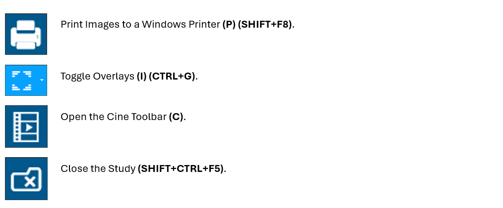 Output tools: Print, Toggle Overlays, Open Cine Toolbar, and Close Study