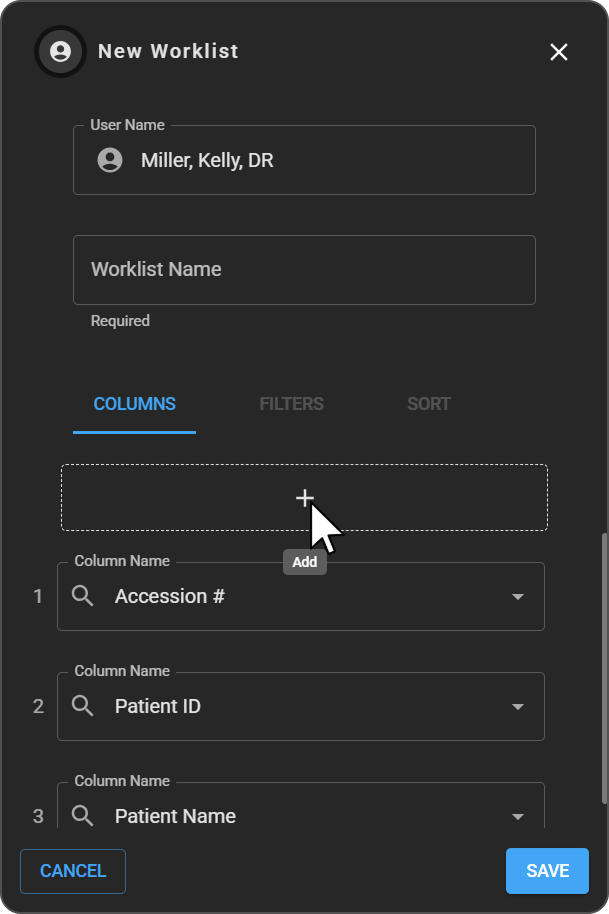 Close-up of the New Worklist panel's User Name and Worklist Name fields.