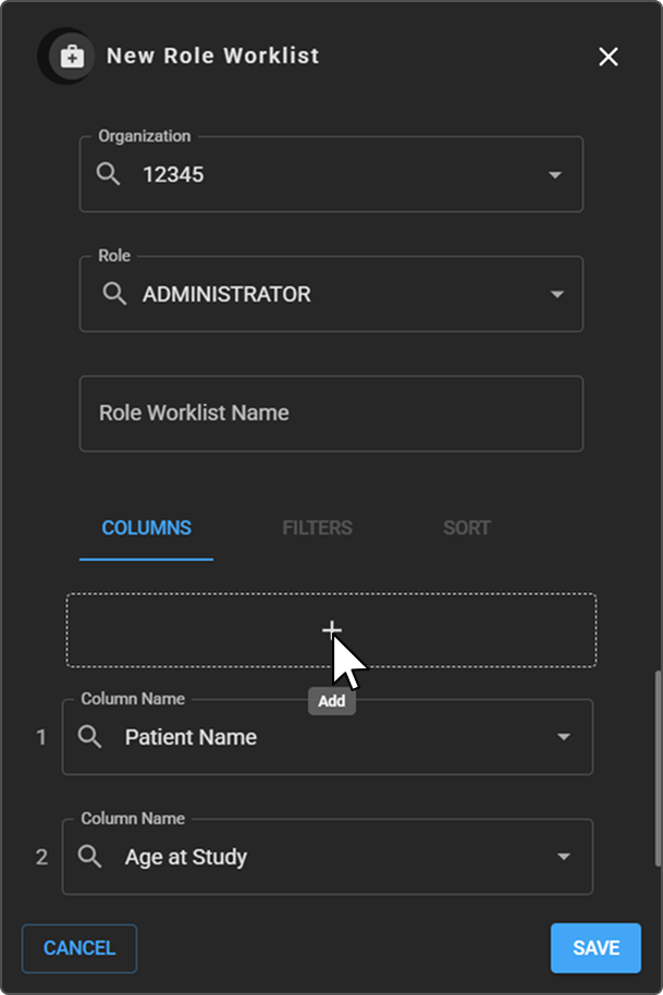 Close-up of the New Role Worklist panel's Organization, Role, and Role Worklist Name fields.