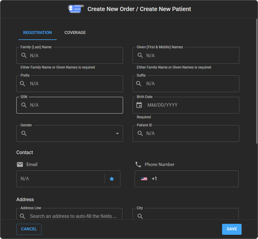 Create New Patient drawer