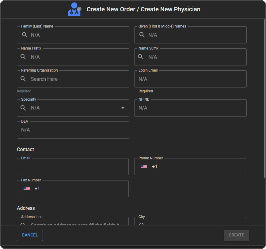 Create New Physician drawer