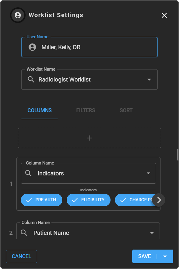 The User Name and Worklist Name fields at the top of the Worklist Settings panel.