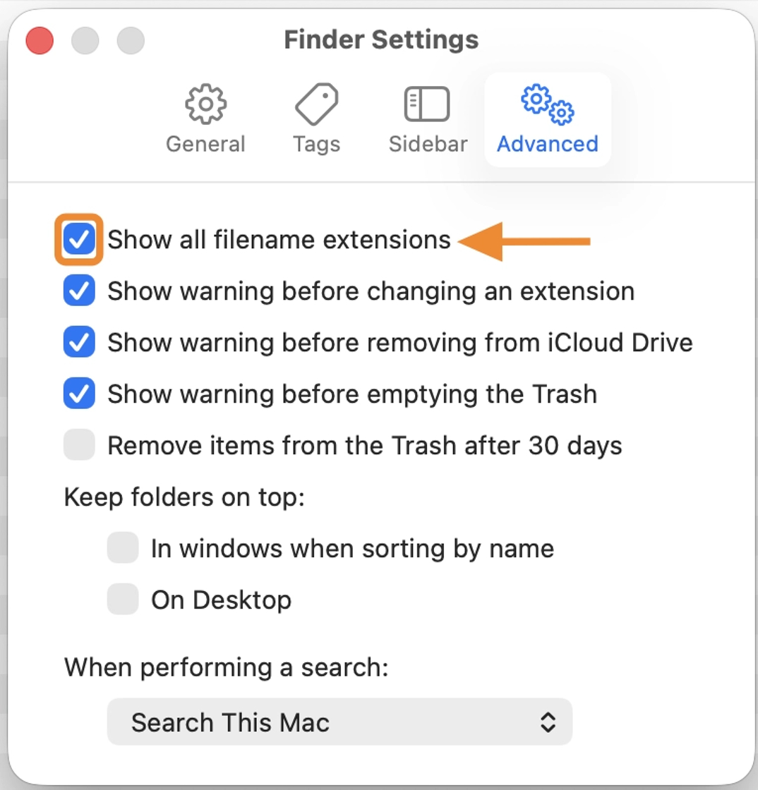 Finder Settings: Show all filename extensions