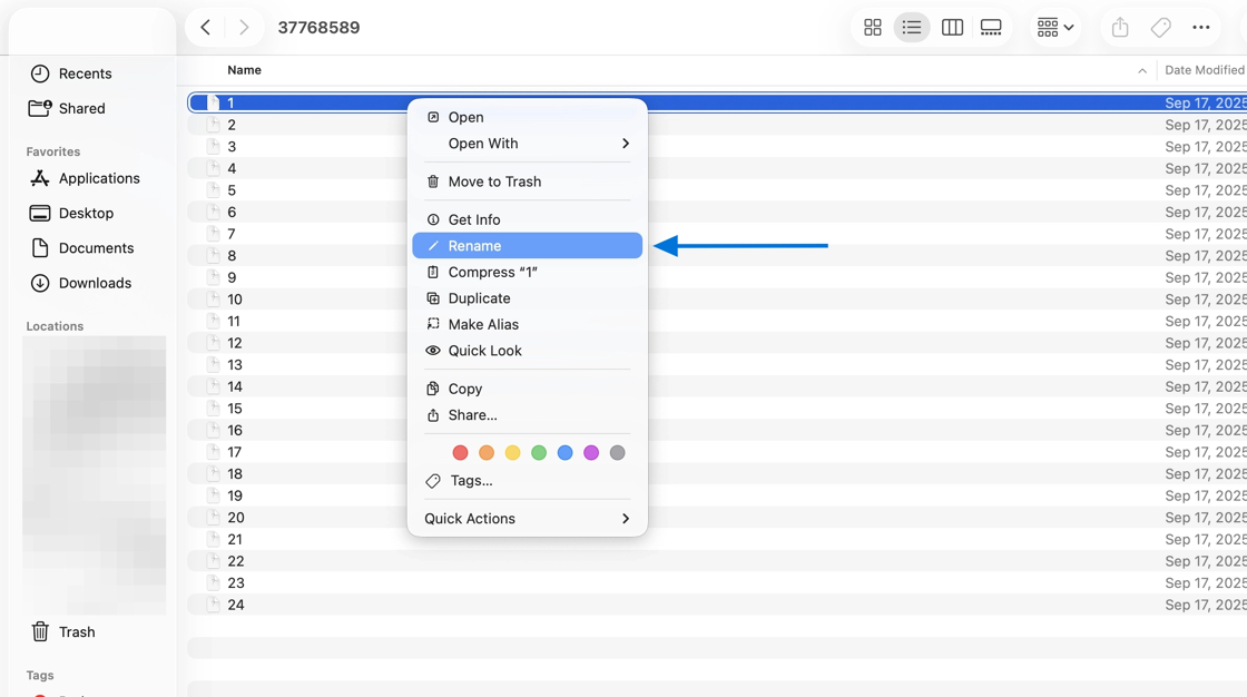 Right-click context menu in Finder with Rename highlighted