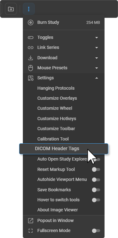 Settings menu showing DICOM Header Tags option under Settings