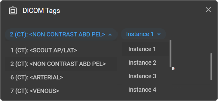 Series and Instance dropdown menus at the top of the DICOM Tags panel