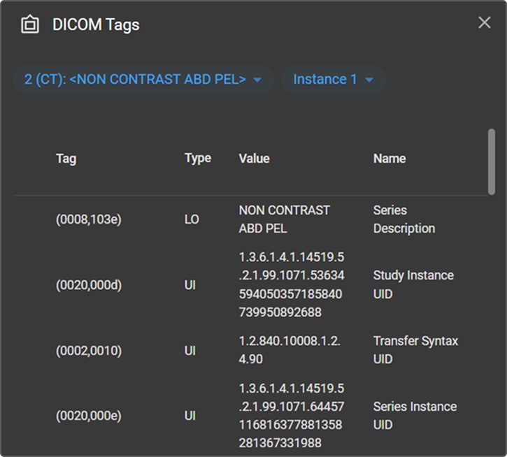Four-column DICOM Tag Table showing Tag, Type, Value, and Name