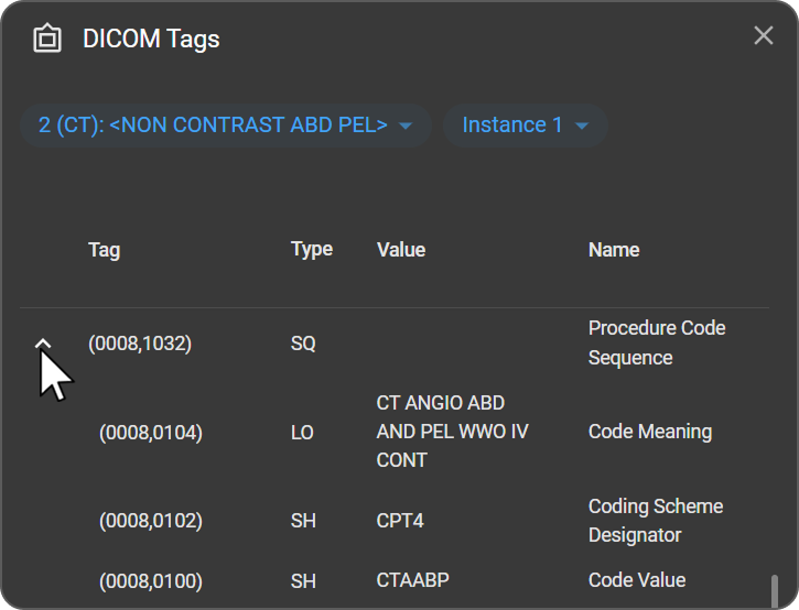 Expanded SQ sequence tag showing nested child tags in an indented hierarchy