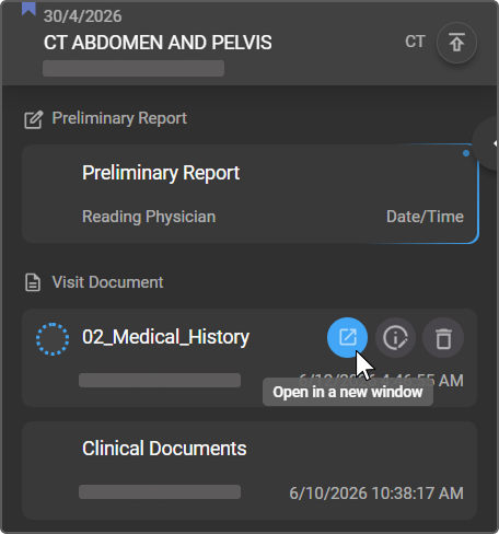 Document card hover state showing the Open in a new window icon