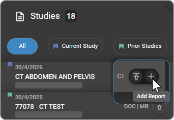 Study card hover state showing the Add Report (+) button