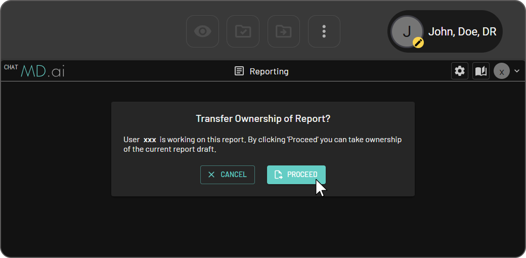 Transfer Ownership of Report? dialog with Proceed and Cancel options