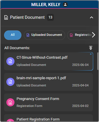 Patient Documents filter tabs (All / Uploaded Document / Registration Form)