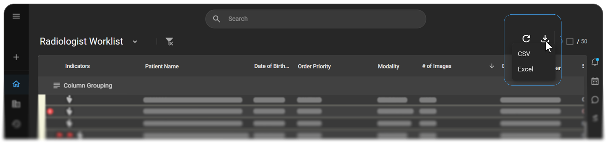 The Download Data icon at the top right of the worklist, with the CSV and Excel format options.