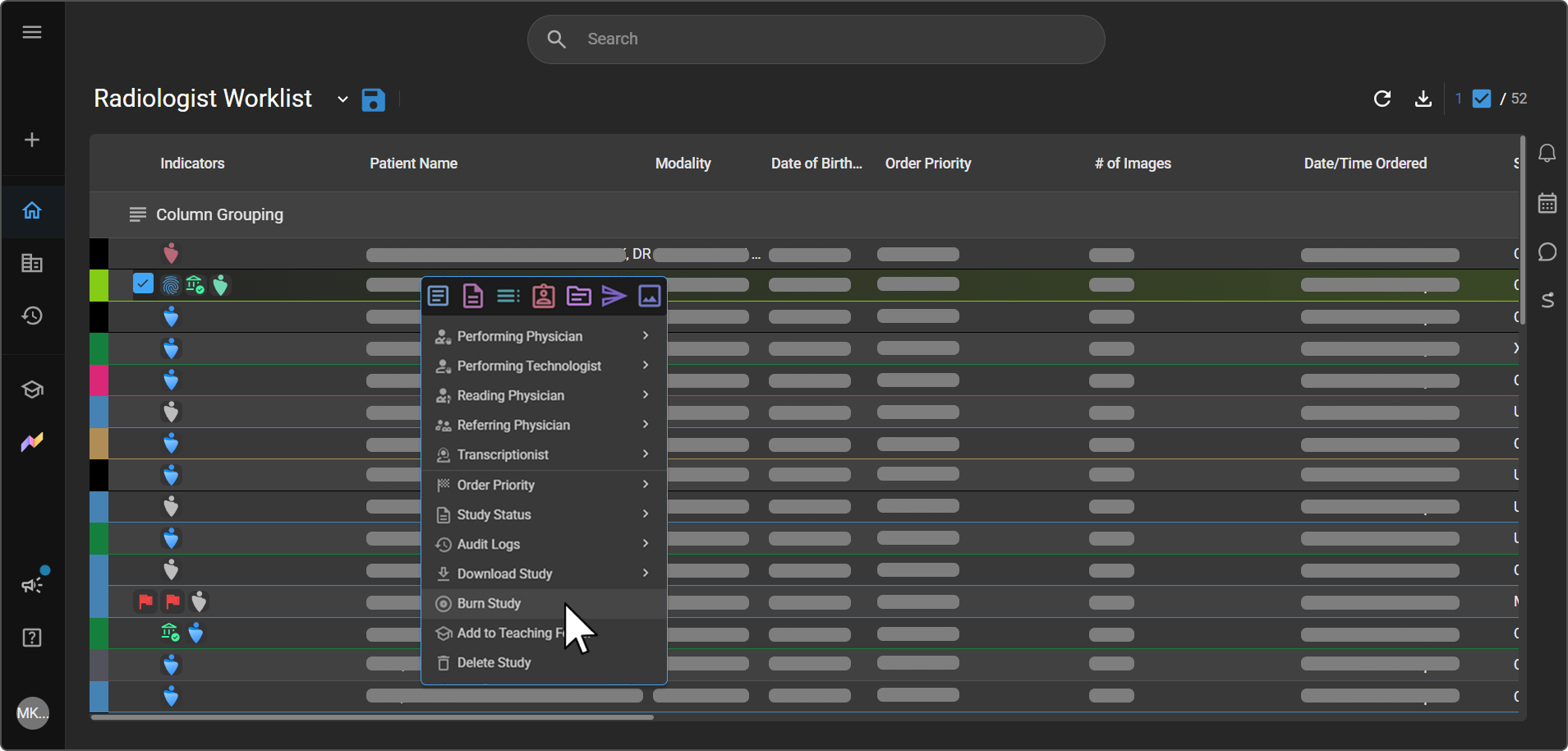 The right-click menu with Burn Study selected.