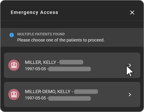 Multiple Patients Found prompt with the patient list