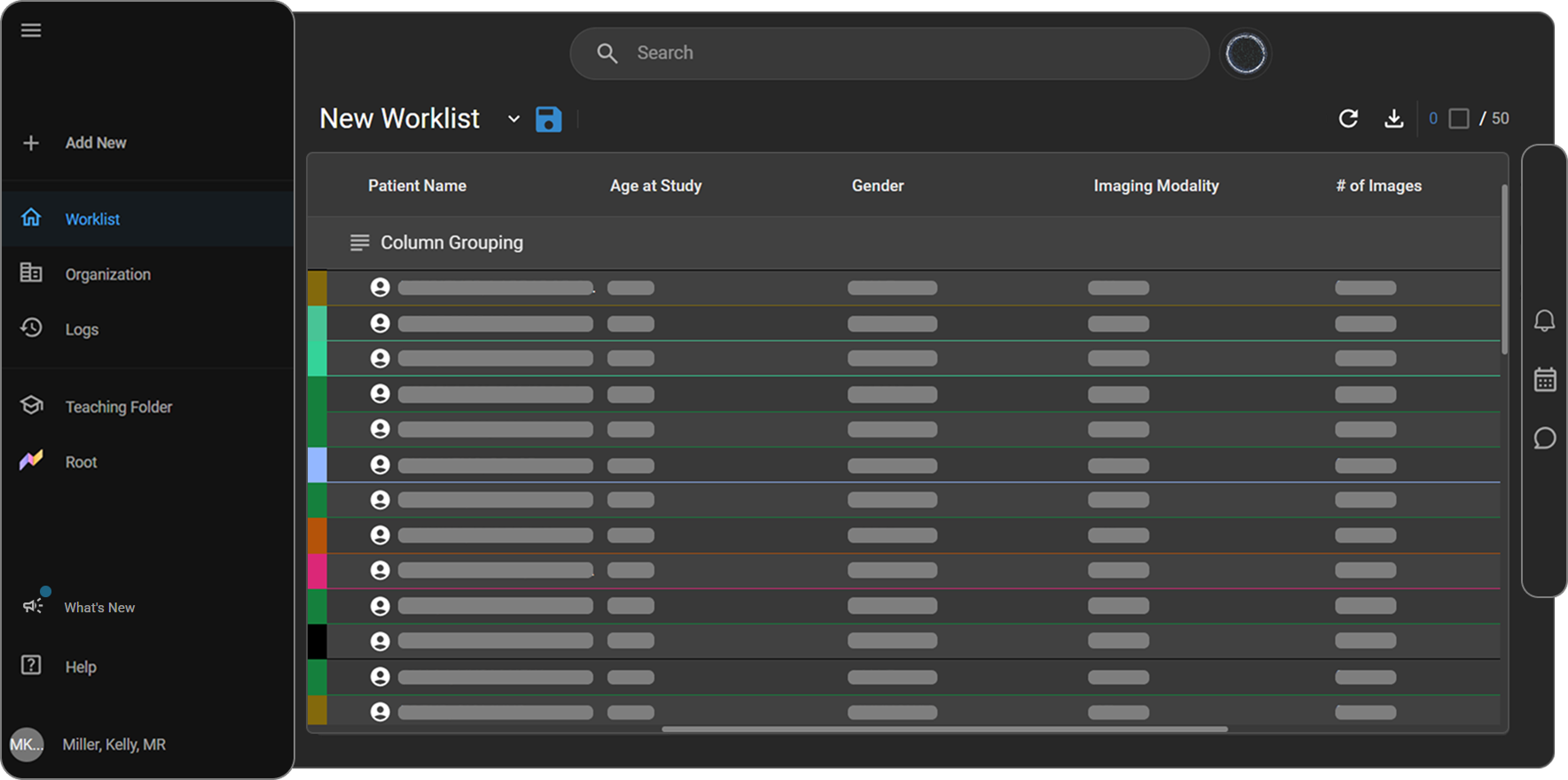 Screenshot: the OmegaAI homepage with the left-side navigation panel, Global Search bar, worklist, and right-side navigation panel each labeled