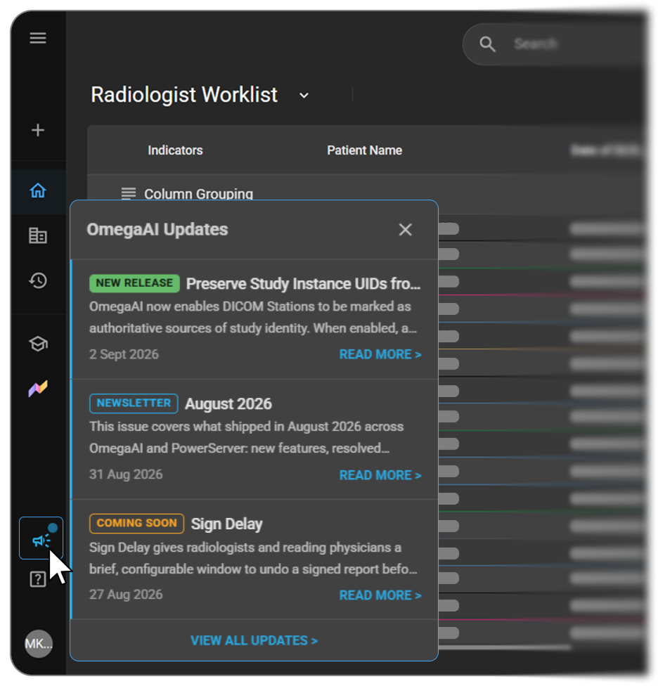 Screenshot: the What's New panel showing recent announcements with status badges, titles, descriptions, publish dates, and Read More links