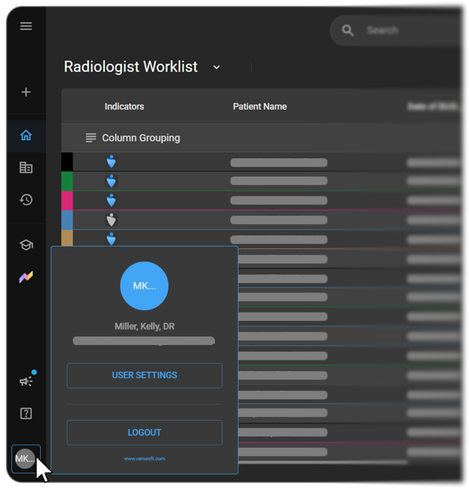 Screenshot: the user profile panel showing avatar, name, email address, User Settings, and Logout options