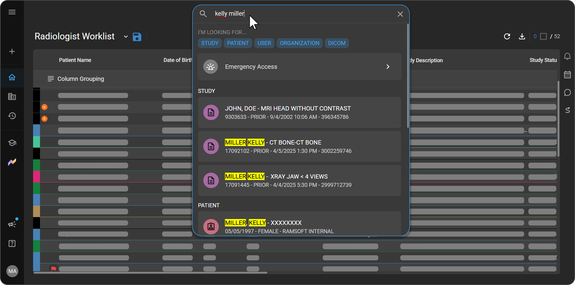 Screenshot: the Global Search panel showing filter options, Emergency Access, Recently Viewed, and Recently Searched