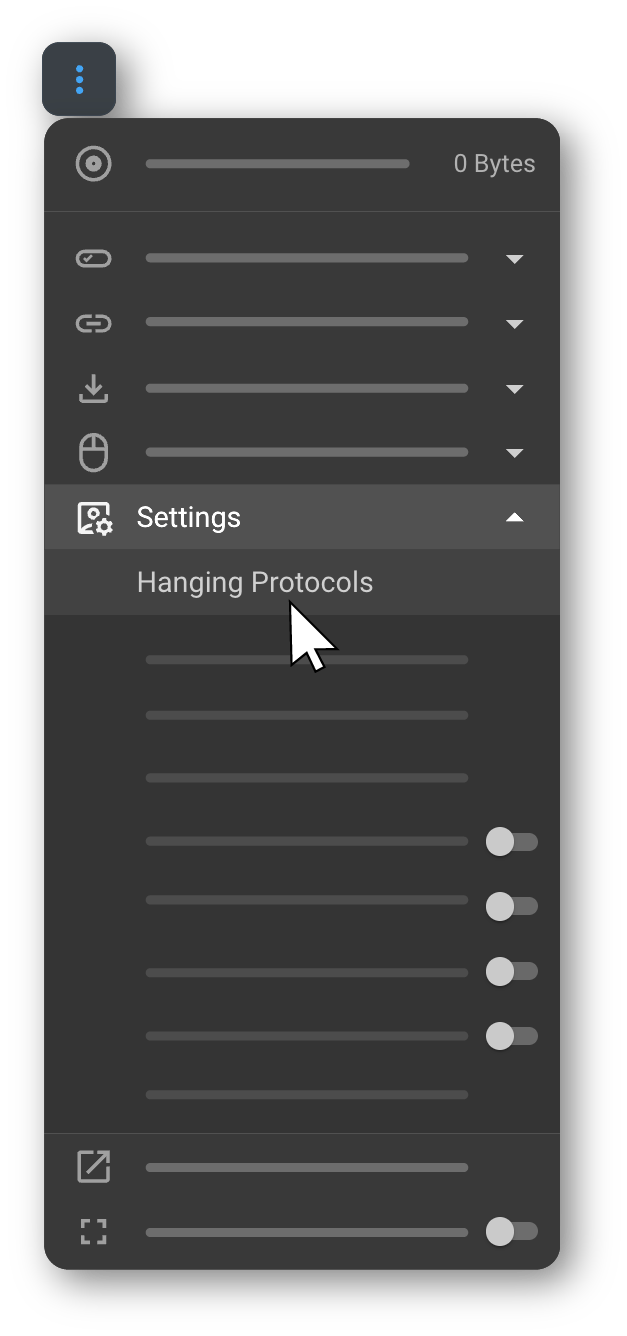 Hanging Protocols under the Settings section of the three-dot menu