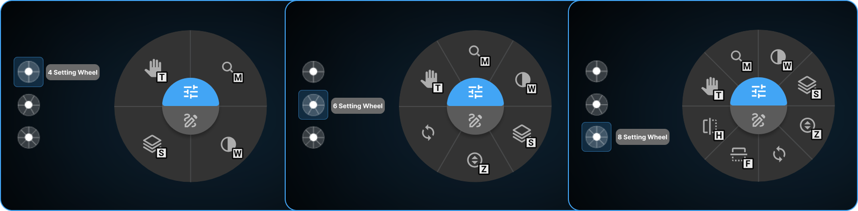 Wheel size selector showing 4, 6, and 8-setting options with live preview