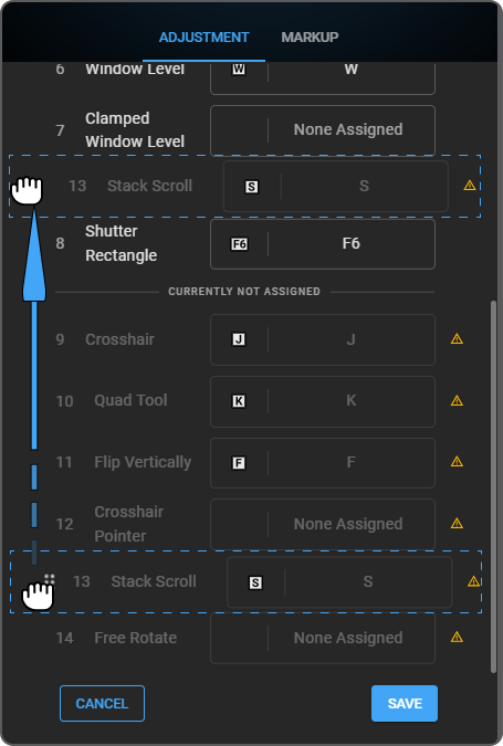 Tool arrangement list showing drag handles and Currently Not Assigned divider