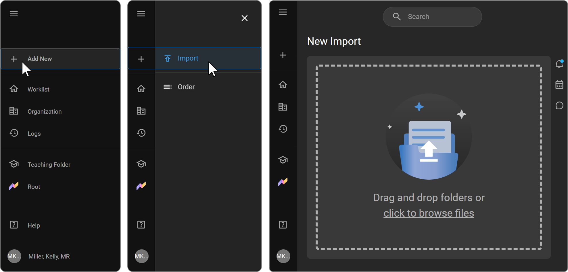 Sidebar with + Add New menu expanded showing Import and Order options