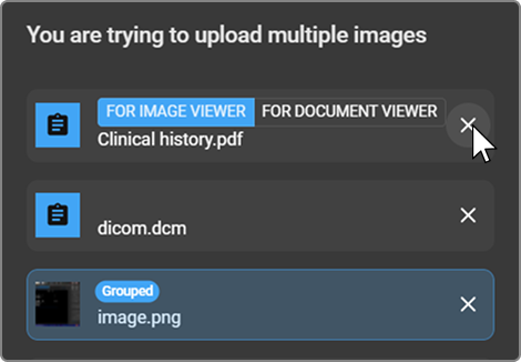 Upload dialog showing the × Remove button on each file row