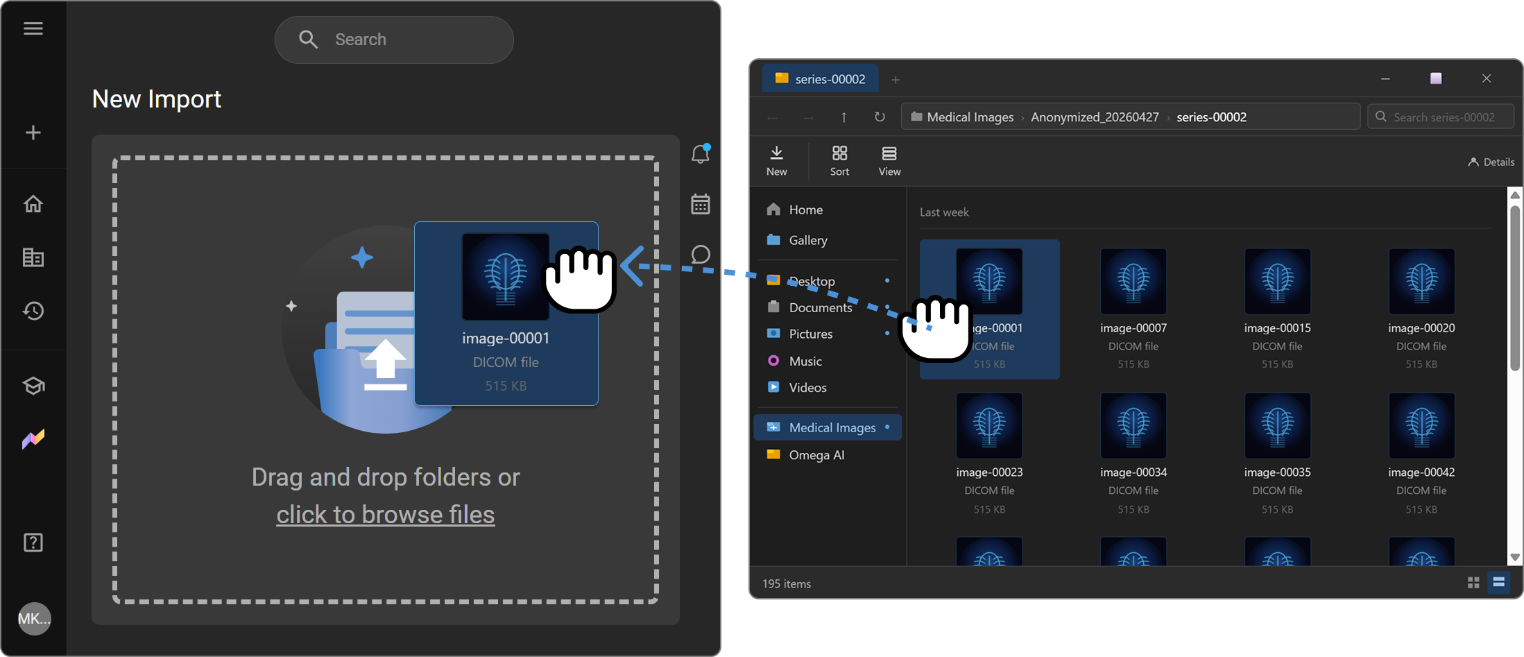 New Import page showing the drag-and-drop zone and Browse Files option