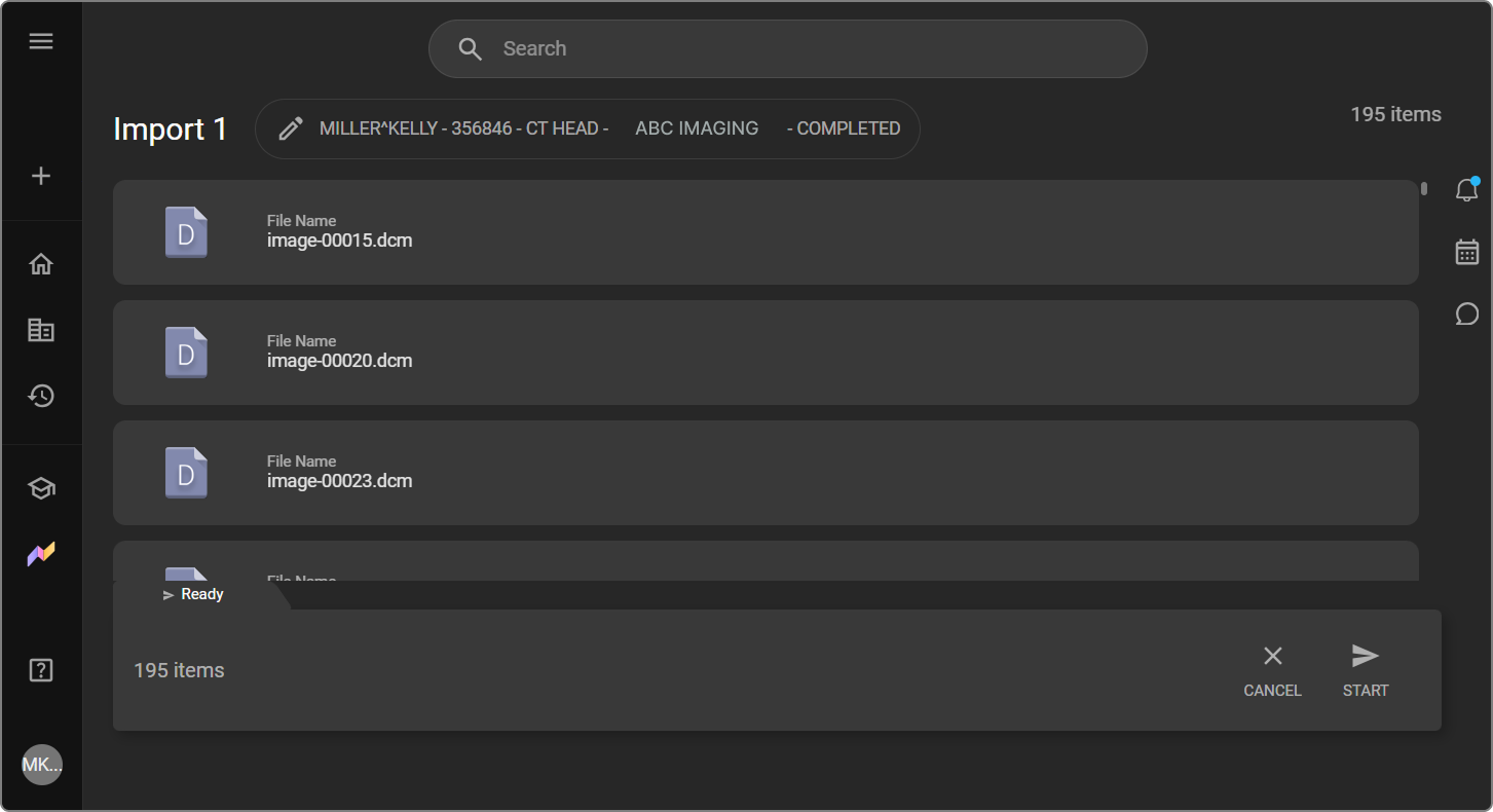 Import staging screen showing queued files, session header with pencil icon, item count, and START button