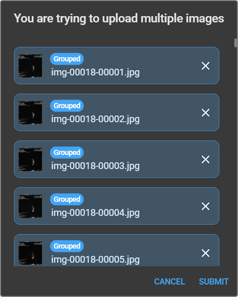 Upload dialog showing the Grouped badge toggled on a JPEG file row