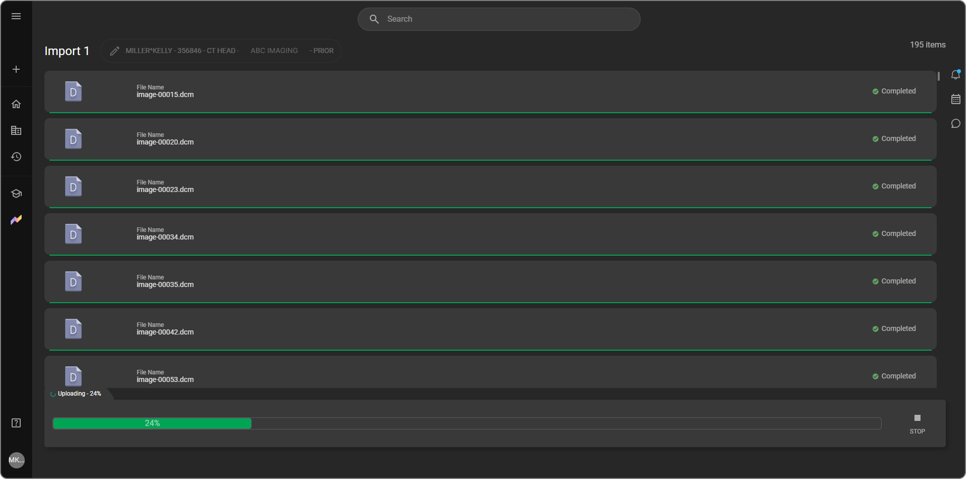 Import progress screen showing per-item status rows, overall progress bar, and STOP button