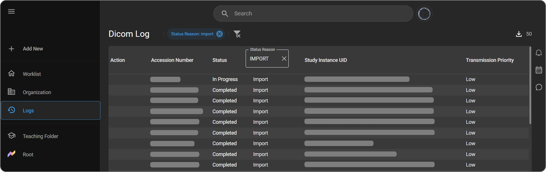 Task Logs screen with Status Reason column filtered to show import entries
