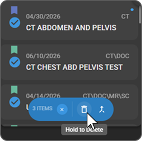 Multiple study cards selected with the bottom action bar showing selected item count for deletion