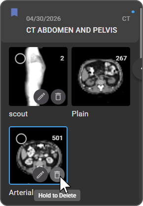Series thumbnail with Rename and Delete icons and the Hold to Delete tooltip