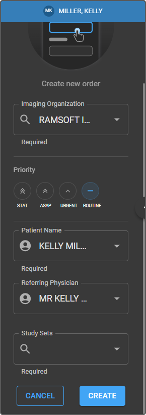 New Study panel completed with Priority, Patient Name, Referring Physician, and Study Sets fields
