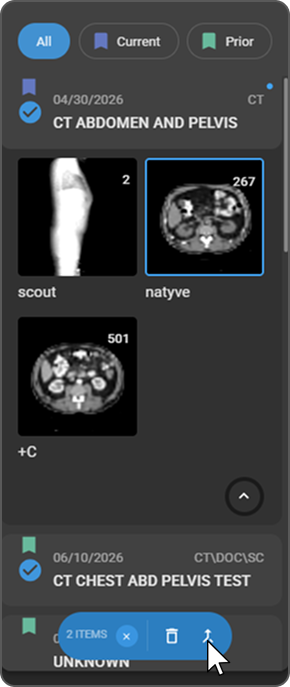 Select merge destination modal with studies selected for merging