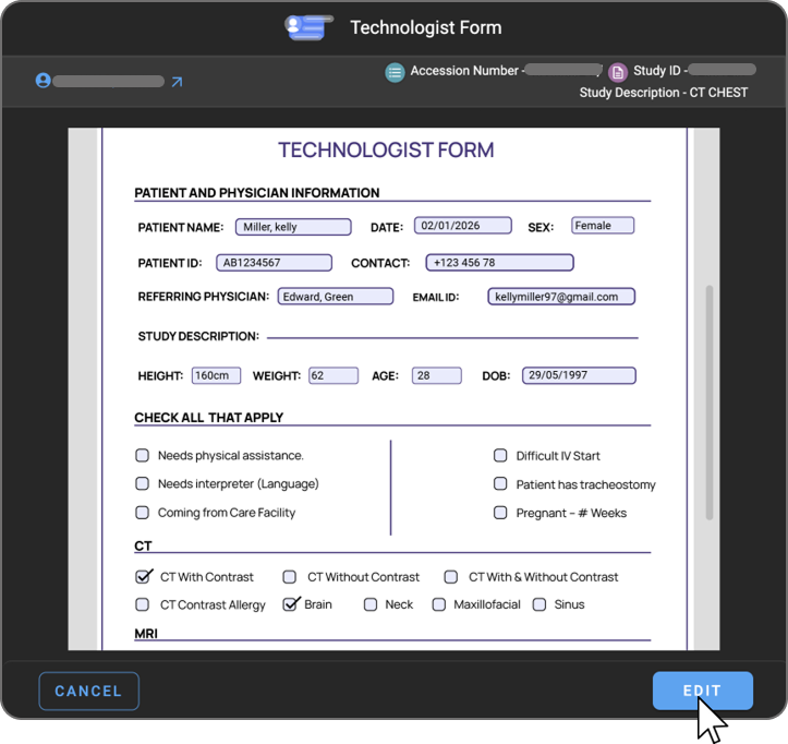 Technologist Form in edit mode