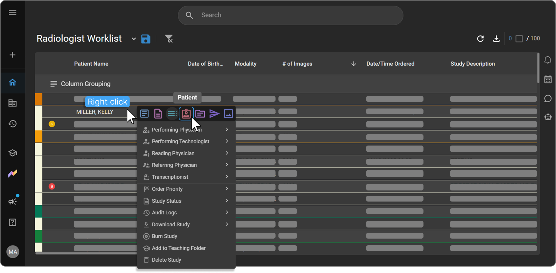 Context menu icon row with Patient icon