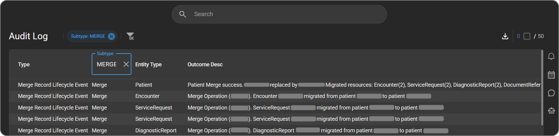 Audit Log filtered by Subtype: link or merge