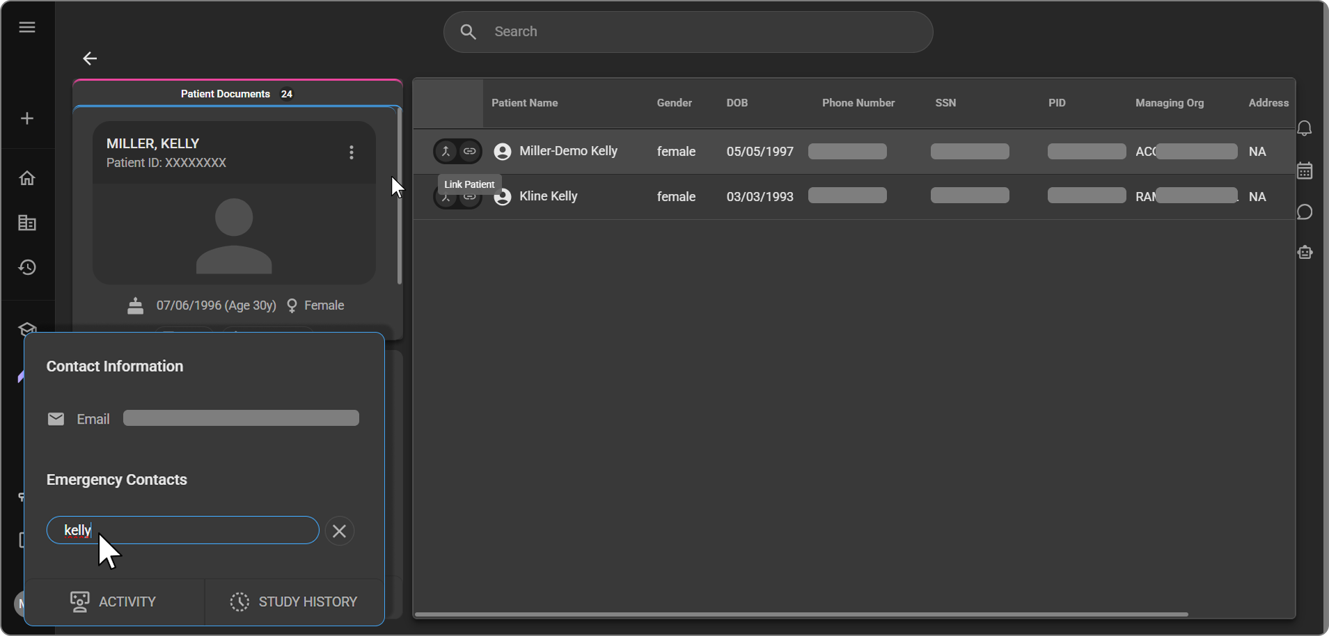 Search results table with matching patient records