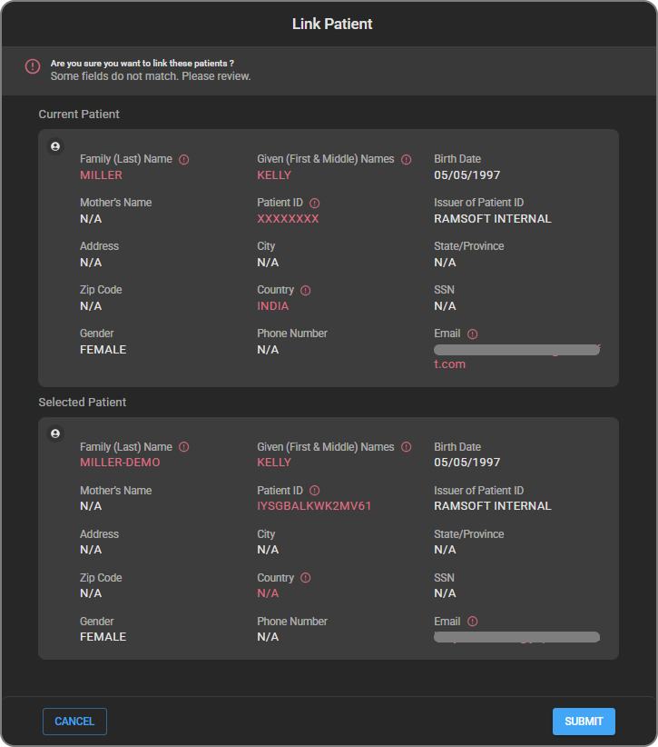 Link Patient screen with mismatched fields highlighted