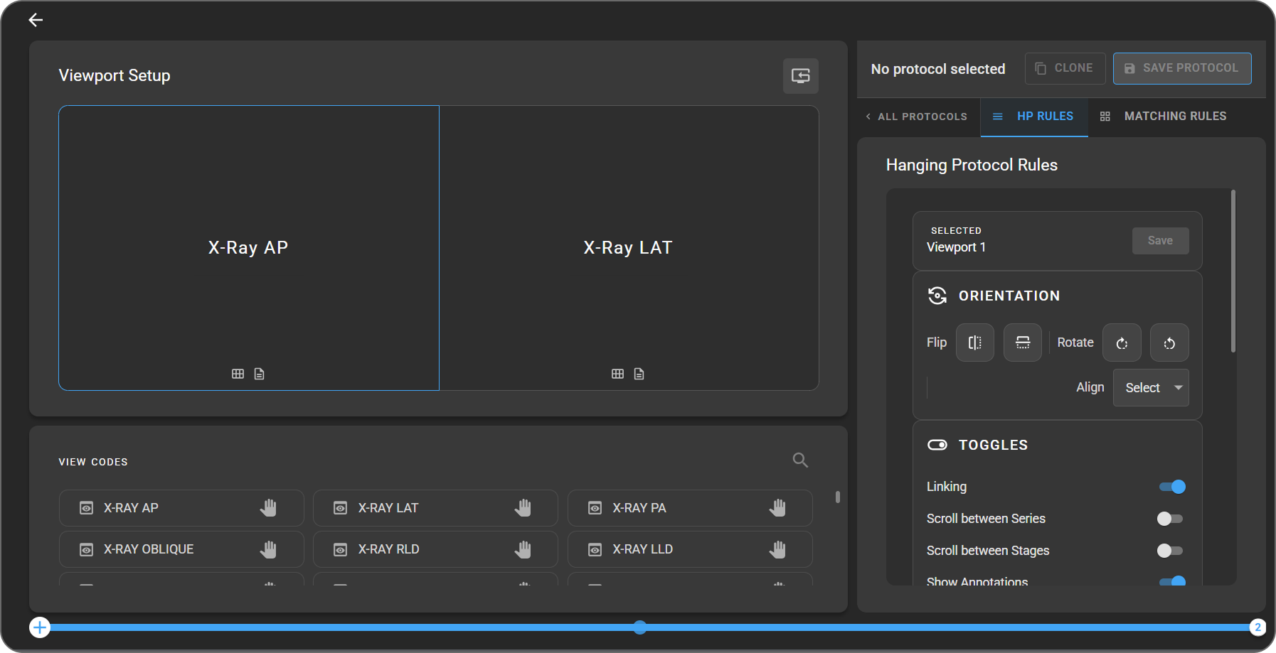 Hanging Protocols Configuration Screen — full layout showing the toolbar, Viewport Setup, View Codes and Modifiers, and Hanging Protocol Rules panels