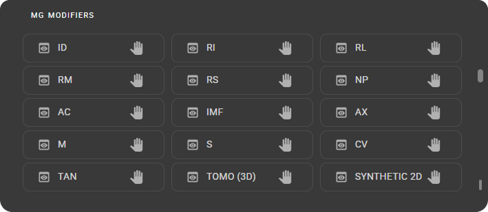 MG Modifiers list in the View Codes and Modifiers panel