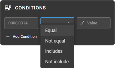 Conditions section — DICOM Tag, Operator, and Value fields with + Add Condition