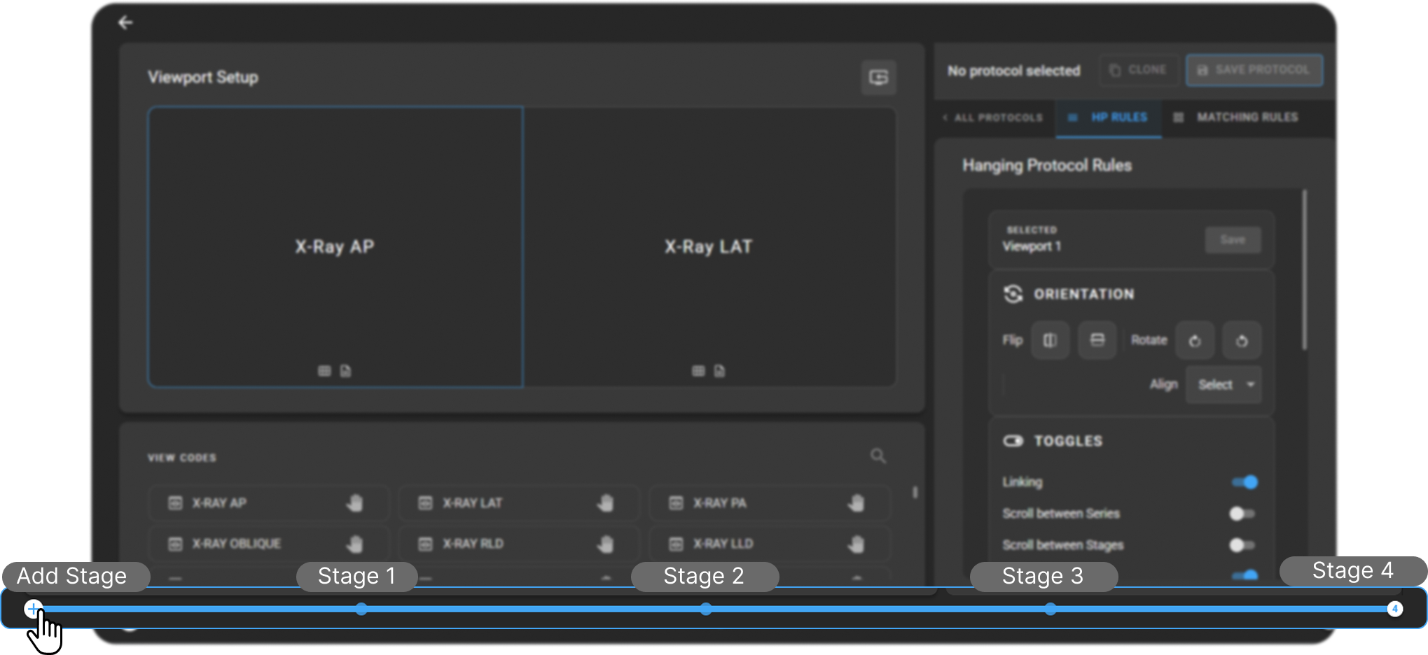 Hanging Protocol Stages Management track along the bottom of the configuration screen