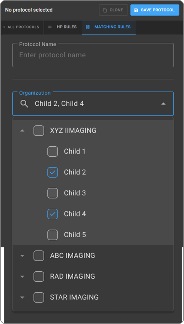 Organization dropdown showing ancestor and descendant selection with a main organization designated