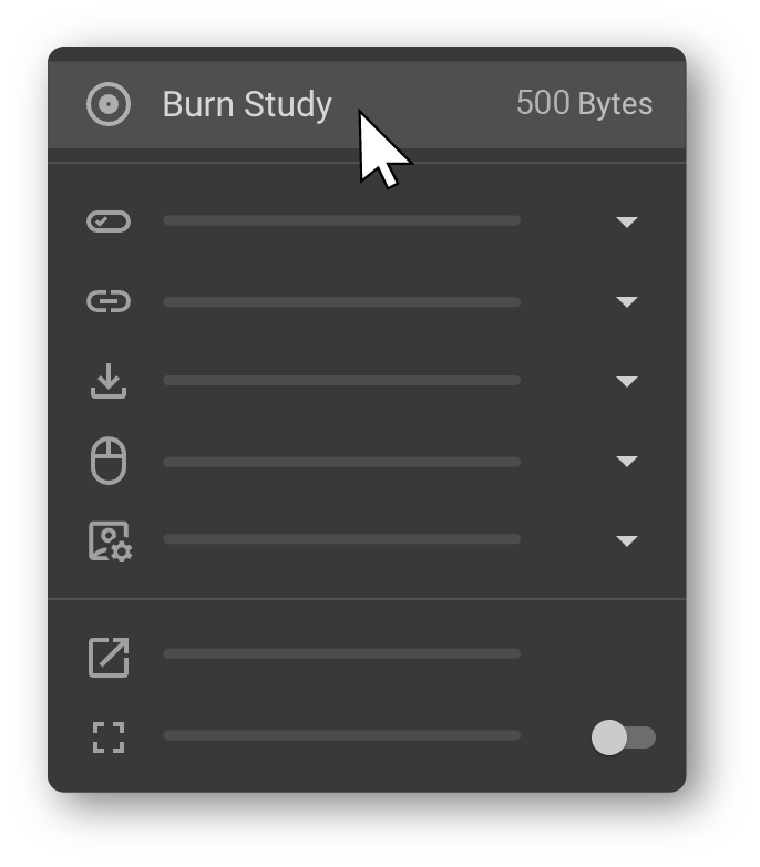 Burn Study option in the More Options menu showing study size