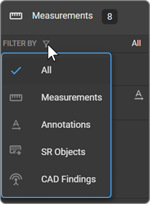 Filter By dropdown showing All, Measurements, Annotations, SR Objects, and CAD Findings options