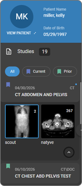 Study Explorer panel expanded showing patient header, studies section, and series thumbnails